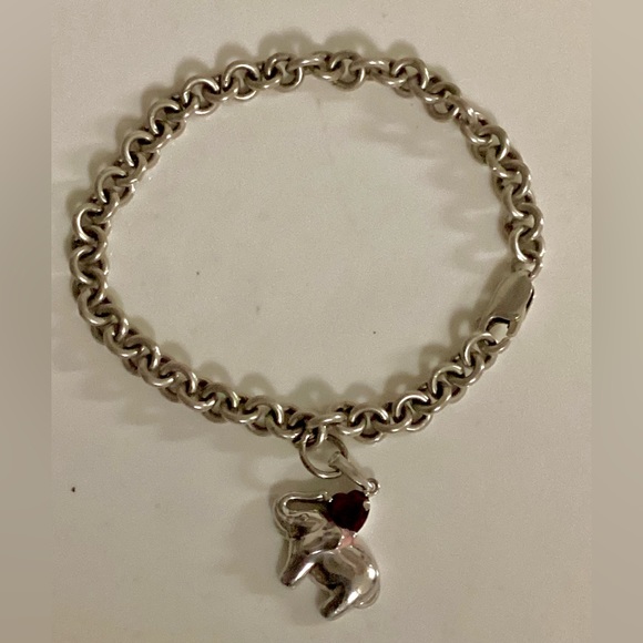 925 silver link bracelet, simulated Ruby Sterling elephant charm 17 grams - Picture 1 of 10